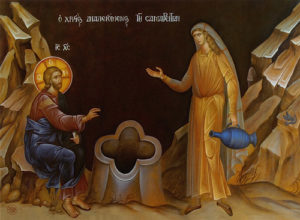 Проповедь в неделю о самаряныне. Христос и самарянка. Фреска женского исихастирия св. Иоанна Богослова в Суроти, Греция